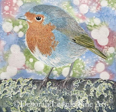 Cheeky little blue and orange bird perched atop a lichen-covered branch. The background features white bubbles and sparkles in pink and green on blue.  Square art format.

This artwork features the bird’s striking red breast, delicate blue-gray feathers, and a vibrant, bokeh-style backdrop in shades of green, blue, and pink. Perfect for bird lovers, nature enthusiasts, and art collectors, this piece captures the charm and beauty of wildlife with an artistic touch.