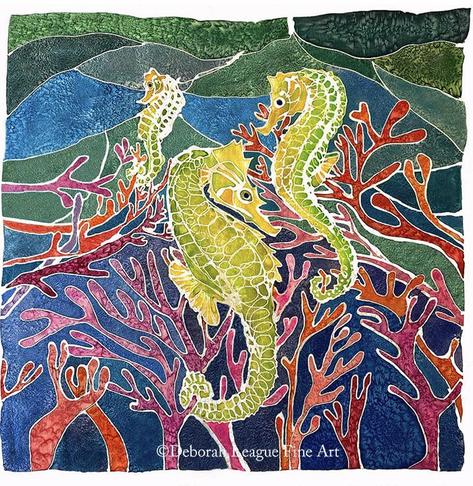 Seahorses among the Coral Batik painting is an undersea fantasy of three delicate seahorses swimming around pink and orange staghorn coral in green and blue sea water. The batik method used allowed for the creation of texture resembling bubbles in the background. The bubble texture, combined with the swaying coral results in a painting full of life and movement.