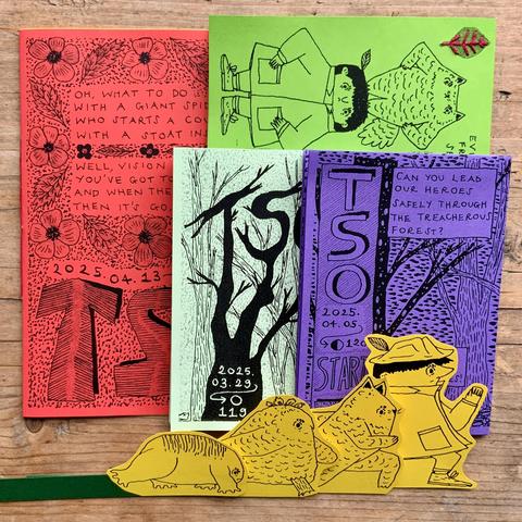 A set of four comics/zines with illustrations of detective Tso and Fraser the cat and some trees and flowers. Then there are also some cut-out characters made from card that can be picked up and moved around the zine. 
