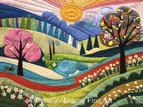 Bring warmth and whimsy to your home with this vibrant art print featuring a quilt-inspired landscape scene. This beautifully crafted design showcases colorful patchwork hills, blooming trees in pink and brown, swirling blue rivers, and a radiant golden sun rising over a layered mountain backdrop. Bursting with rich textures and intricate fabric-like details, this nature-inspired artwork evokes the charm of hand-stitched quilts while celebrating the beauty of the countryside. Perfect for farmhouse décor, modern rustic interiors, or as a cheerful, nature-loving gift.

A vibrant landscape showcases rolling hills and blossoming trees under a radiant, stylized sun. Bold patterns and a variety of textures create a whimsical and colorful scene filled with dynamic shapes and floral motifs.