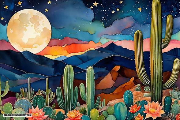 Artwork of a southwestern landscape with a full moon and stars over the mountains and a variety of cacti in the foreground, by artist Peggy Collins.