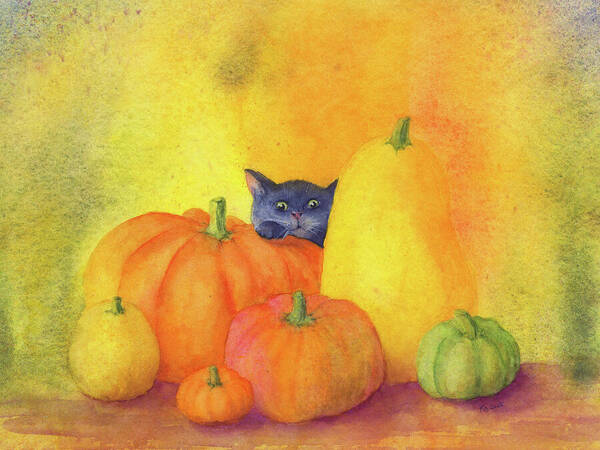 A small black cat peeks curiously out from behind a group of colorful pumpkins and gourds. The pumpkins come in different shapes, colours and sizes. Only the head and one front paw of the cute kitten behind it can be seen. The cat seems to enjoy playing hide and seek.
The bright warm colors create a cozy and playful autumn atmosphere.
Black cat peeking behind pumpkins is a hand-painted watercolour by artist Karen Kaspar. It is perfect for autumnal home decoration and for anyone who likes cute rather than scary images for Halloween.