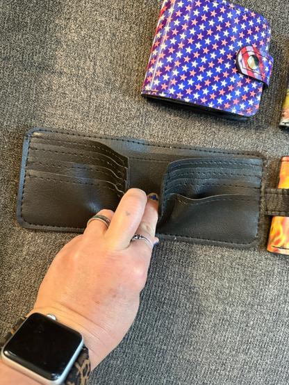 Black vinyl interior pockets of snap billfold wallet I made