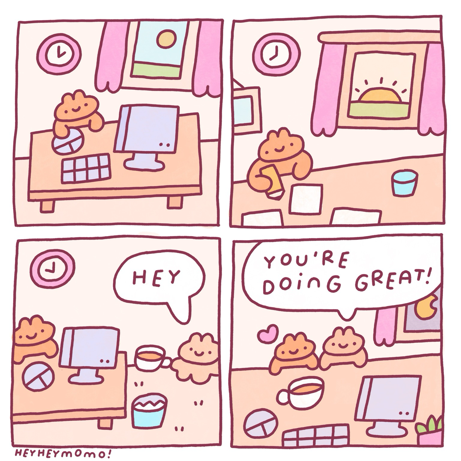 4 panel comic in which a cute bunny works all day until after sundown and when it’s late his friend brings a cup of tea and says ‘hey.. you’re doing great!’  and joins him for a bit while the moon comes out