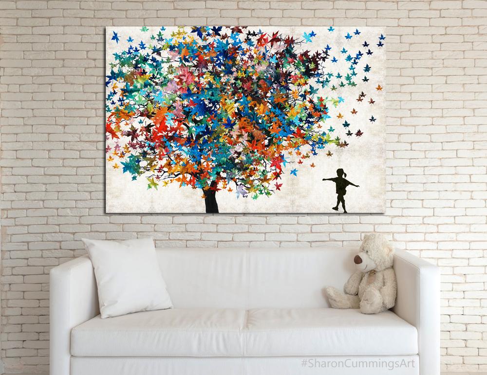 Colorful tree with little girl dancing in silhouette by artist Sharon Cummings.