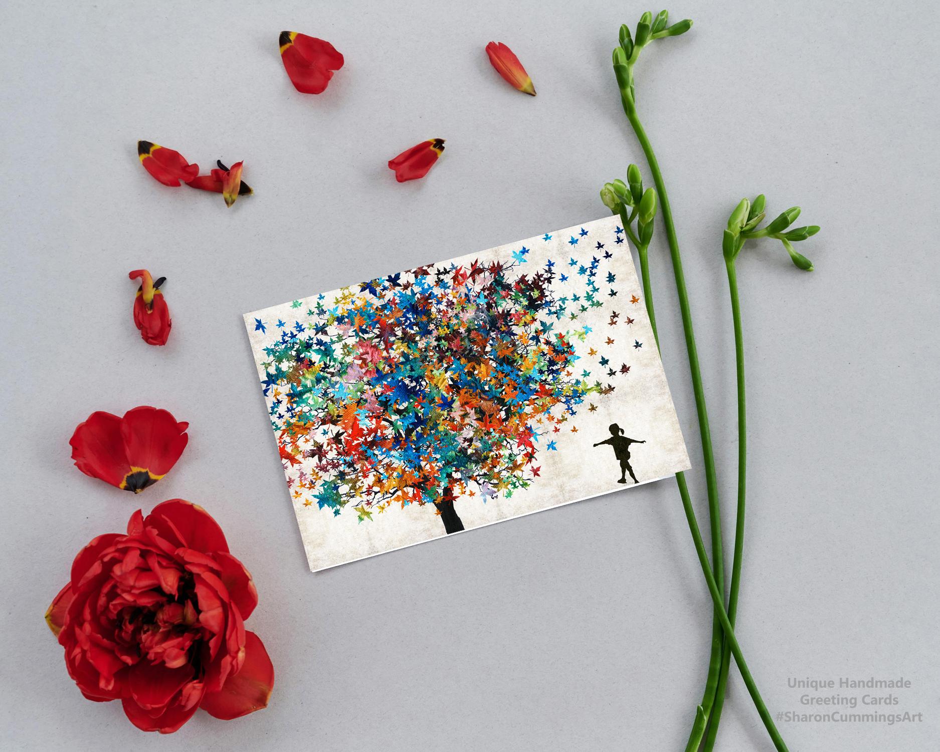 Colorful tree with little girl dancing in silhouette by artist Sharon Cummings.  Greeting Card.