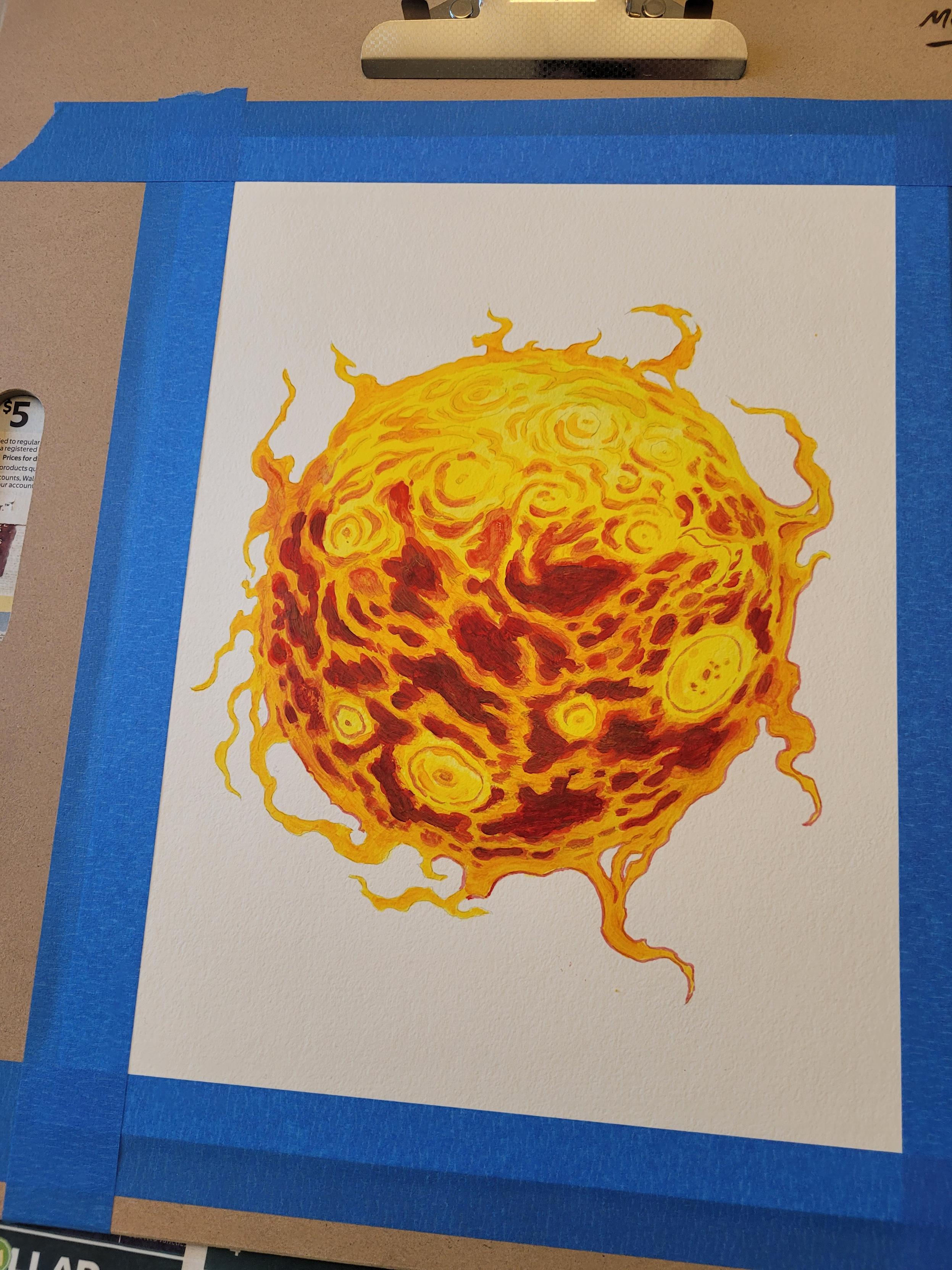 My demon sun painting in progress, with the first couple layers of paint applied.