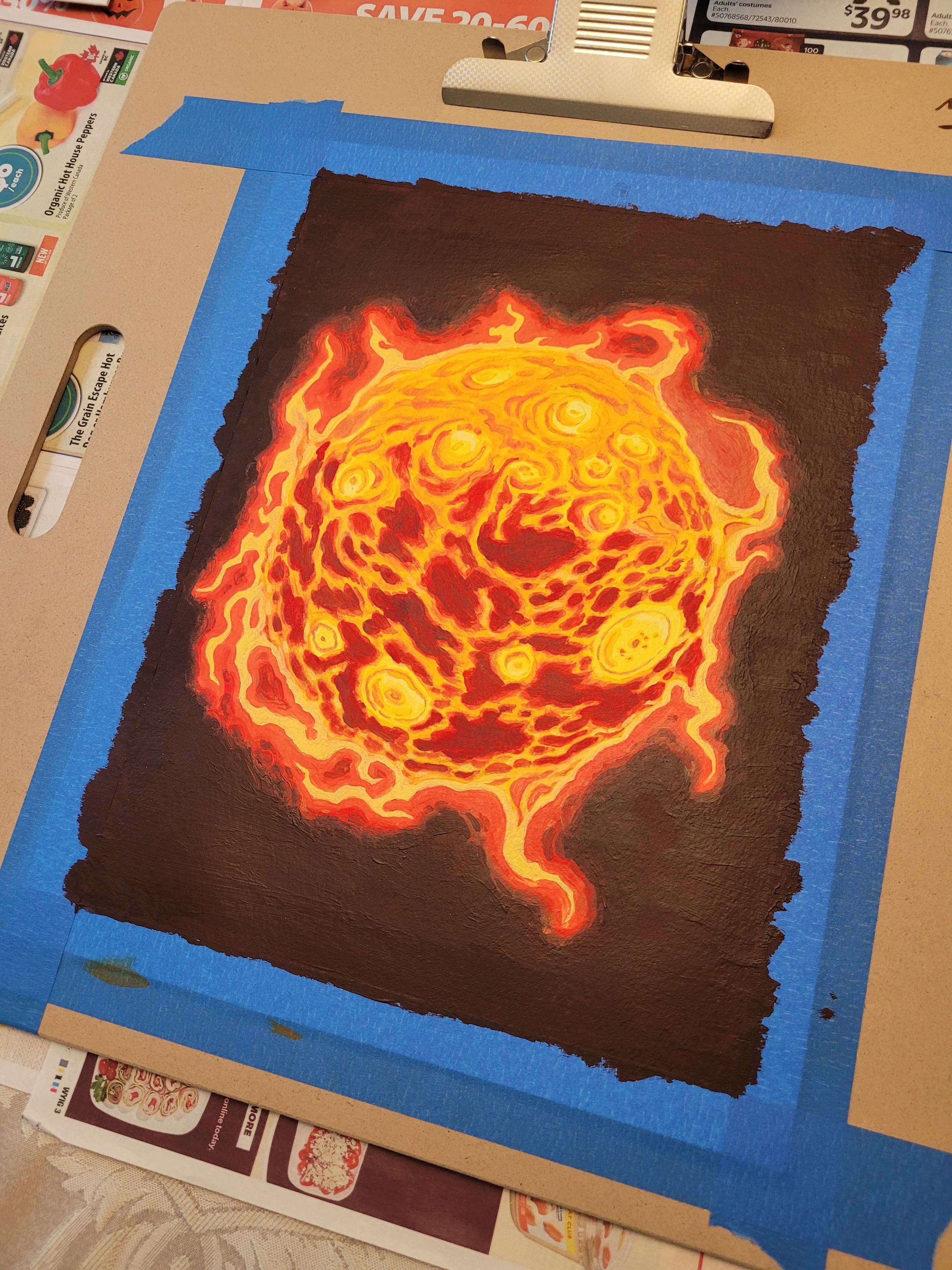 The same painting but farther along - I've now added a dark background and a dark orange glow around the sun.