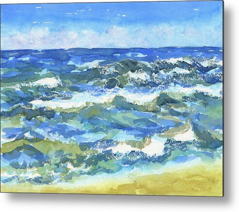 Blue ocean waves is a hand-painted watercolour painting in landscape format by the artist Karen Kaspar.
Ocean waves in shades of blue, teal and ocre crash onto a sandy shore under a clear blue sky. The water appears vibrant with various shades of blue, green, and white.