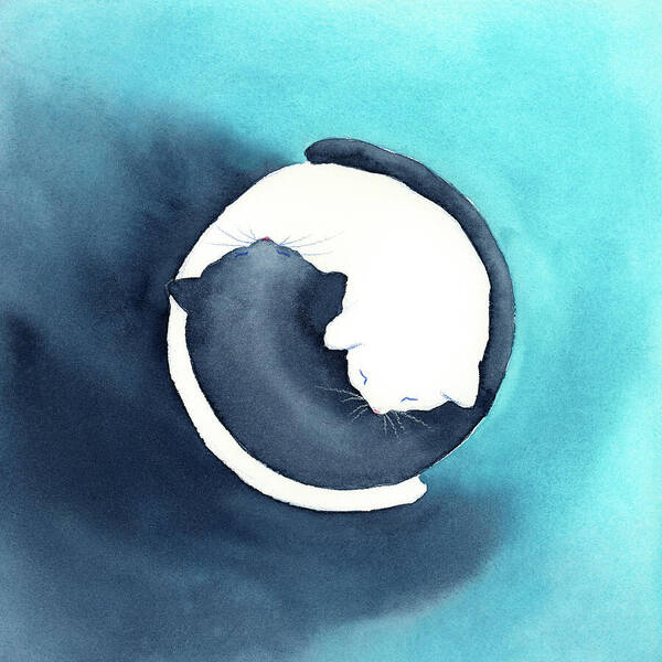 You and me together is a watercolor painting in shades of indigo, teal and white in square format by artist Karen Kaspar. A black cat and a white cat seen from above are cuddling together. They form a circle like the yin and yang symbol on an abstract watercolor background in teal and indigo.