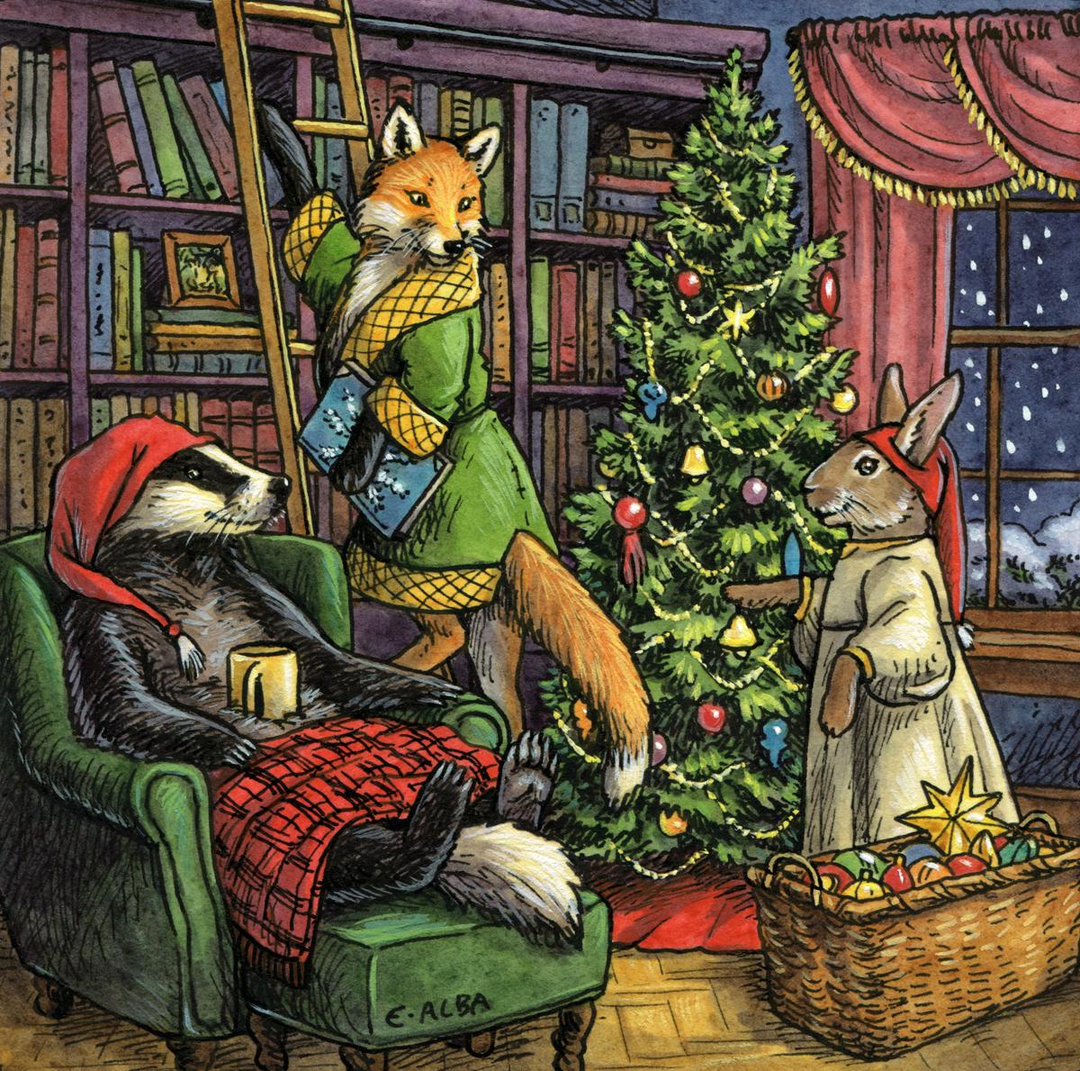 Illustration set in a cozy library, evening snow outside. A badger sits in a green armchair with a mug of cocoa, the fox climbs a ladder to reach a book, and a rabbit decorates a Christmas tree.