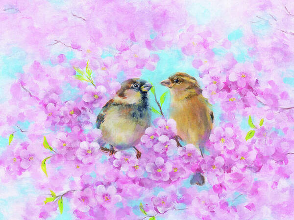 Zwei Spatzen im blühenden Kirschbaum ist ein Acrylgemälde im Querformat handgemalt von der Künstlerin Karen Kaspar.
Ein Spatzenpärchen sitzt inmitten leuchtend rosa Kirschblüten. Das zarte Rosa der Blüten bildet einen wunderschönen Kontrast zu den natürlichen Farben der Vögel. Der sanfte hellblaue Himmel im Hintergrund unterstreicht die frühlingshafte Stimmung. Das Gemälde strahlt eine friedliche und fröhliche Stimmung aus.