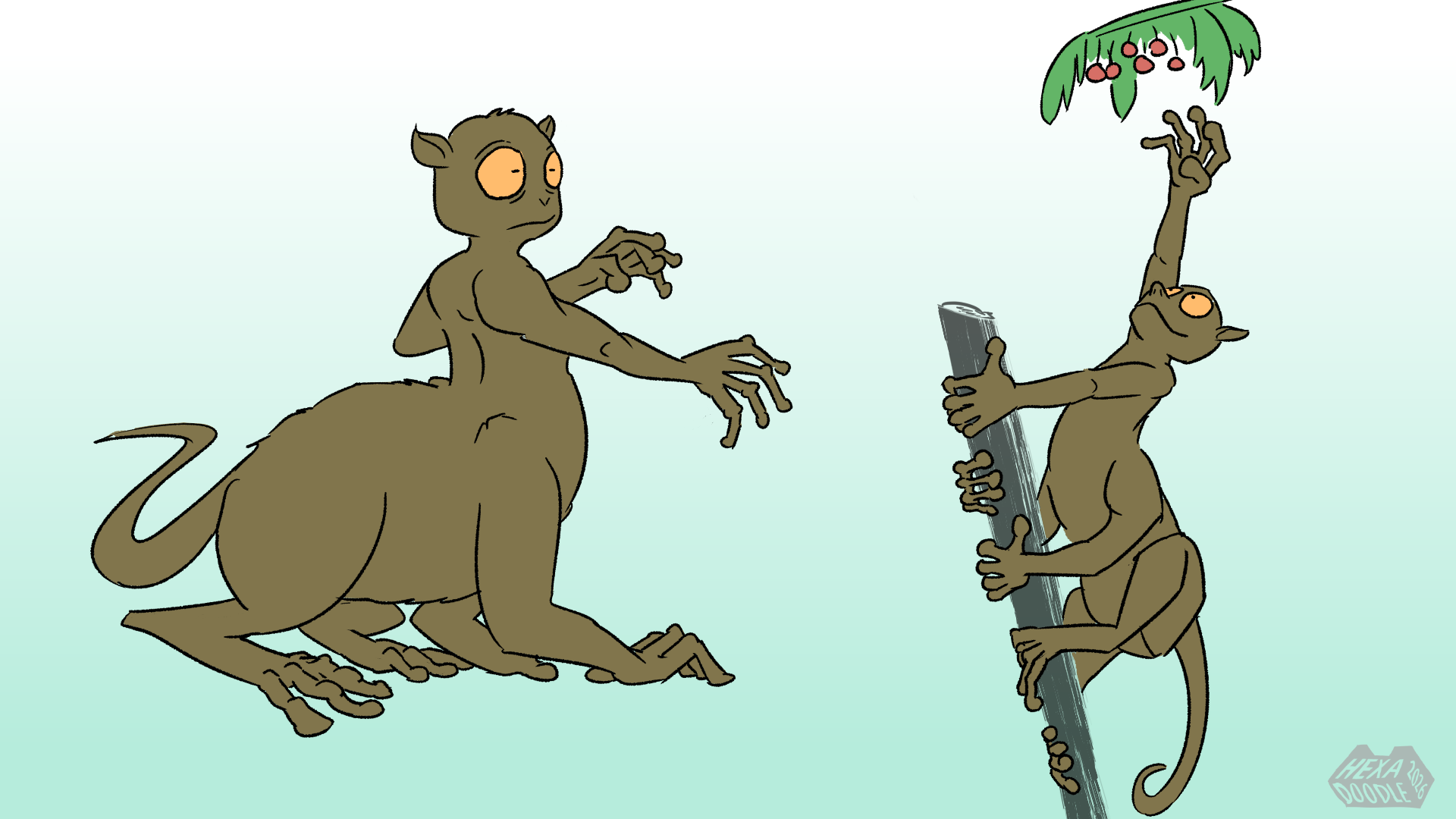 A taur version of a tarsier. Startled / reaching high for cherries.