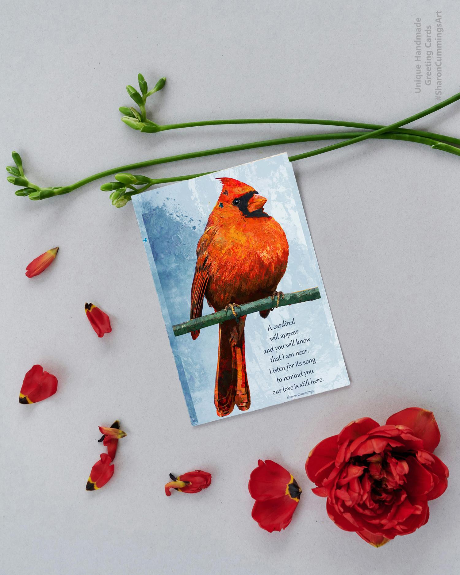 Red cardinal with words of comfort for those who have lost a loved one.  Art by Sharon Cummings.