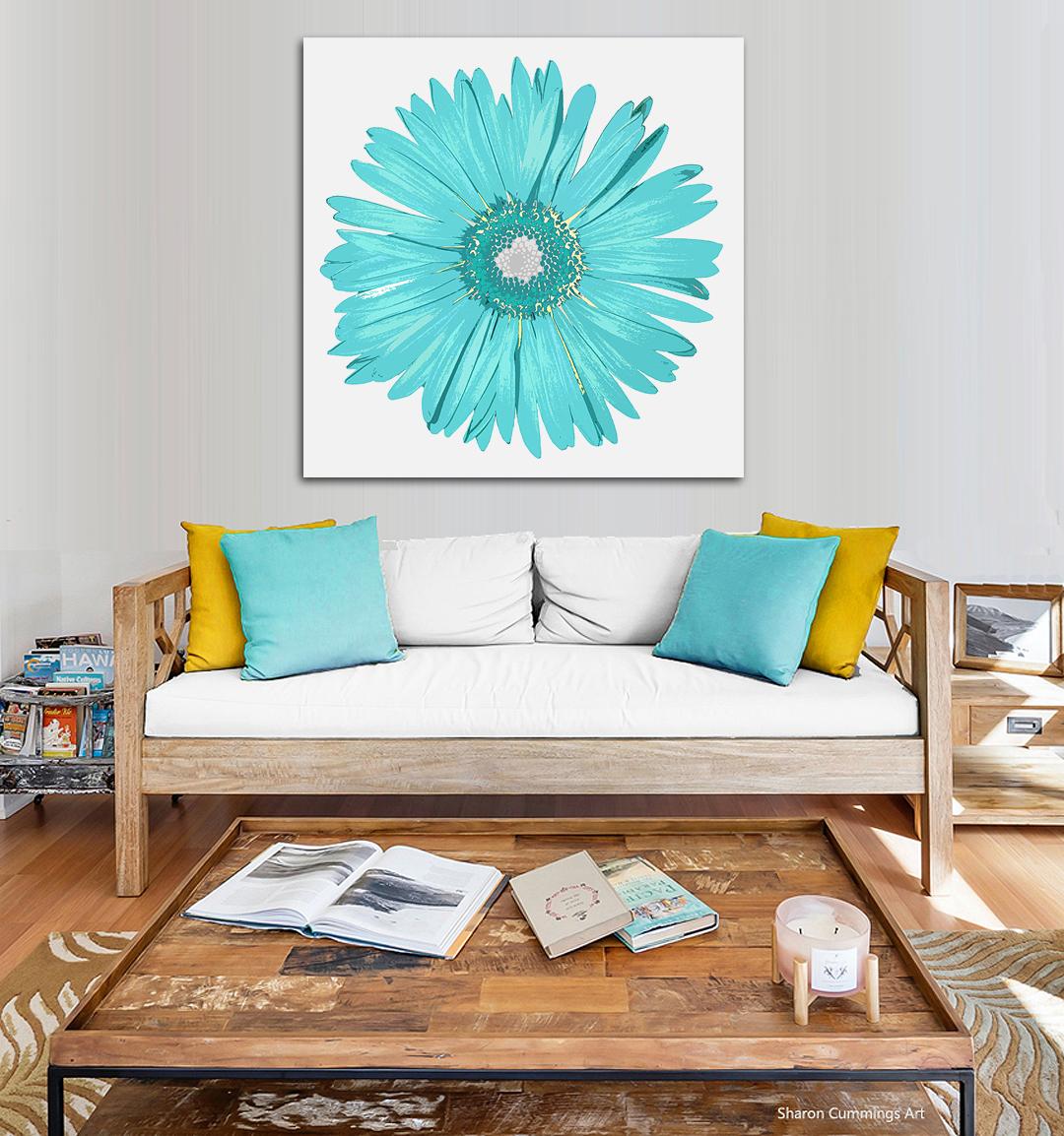 Large blue daisy on white in a decor setting by artist Sharon Cummings.