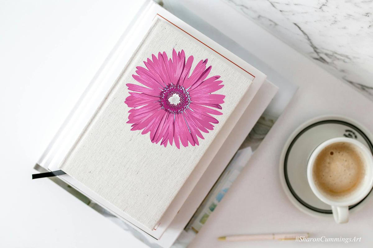 Pink Daisy on a journal by artist Sharon Cummings.