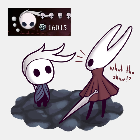 The main character from Hollow Knight with some fancy hair that could poke someone else's eye, fortunately Hornet in front of her does not seem to have eyes? I don't know this game is weird with eyes, she seems very surprised about it though. The hair resembles the line decorations from the game's soul meter.