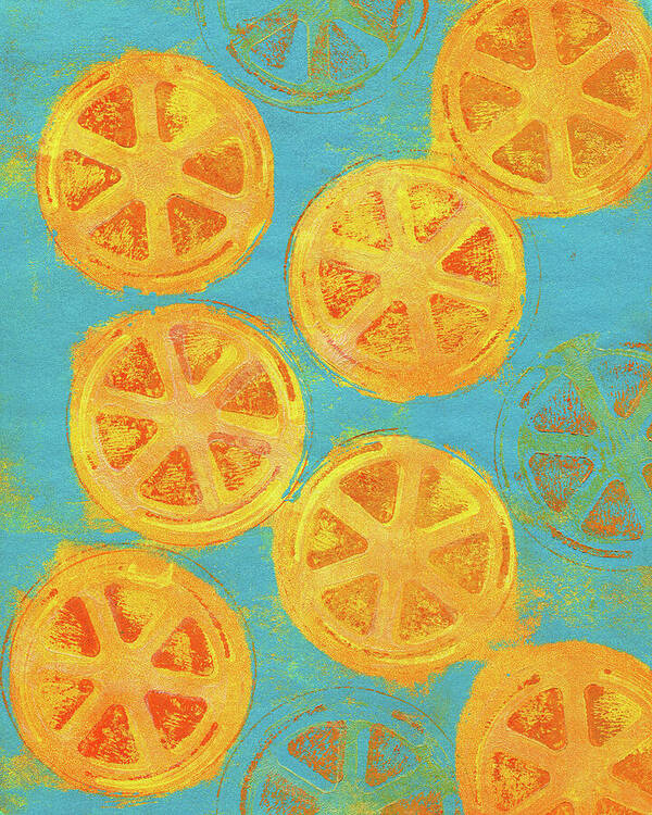 Orange twist is an acrylic painting in portrait format painted by the artist Karen Kaspar. Slices of fresh juicy oranges dance in bright orange on an abstract background in light blue.