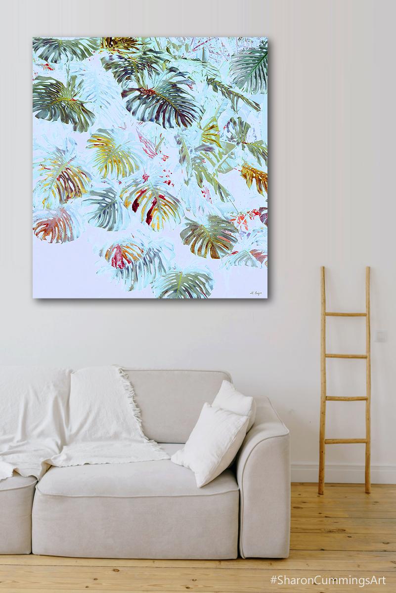 Colorful monstera leaves on light blue by artist Sharon Cummings.
