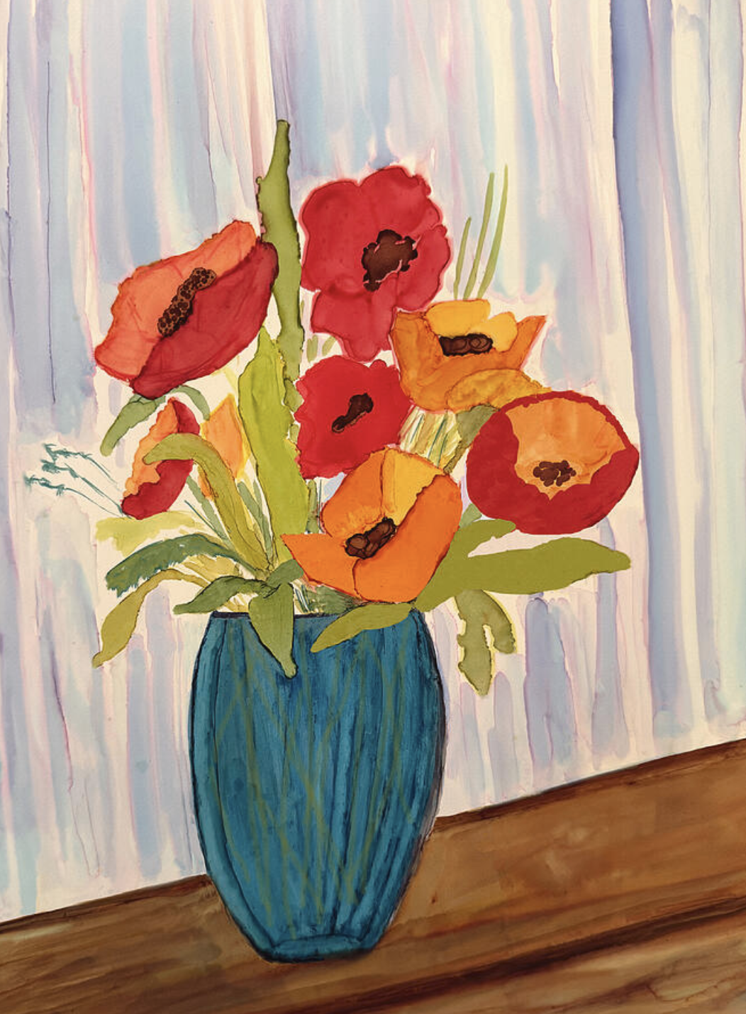 Sunlit Poppies in a Blue Vase is an expressive contemporary ink painting featuring a vibrant bouquet of red, coral, and golden-orange poppies arranged in a deep blue vase. The flowers rest on a warm wooden tabletop before softly draped curtains, where filtered sunlight gently illuminates the blossoms and creates an atmosphere of tranquility and warmth.

Rendered in a loose, painterly style with flowing lines and luminous color, this floral still life celebrates the beauty of everyday moments and the fleeting glow of natural light. The striking contrast between the vivid blooms and the cool blue vase creates a captivating focal point, making this artwork ideal for cottage, farmhouse, contemporary, and traditional interiors.

Inspired by the timeless tradition of botanical and still life painting, this piece evokes themes of renewal, joy, and the simple elegance of fresh flowers gathered indoors.