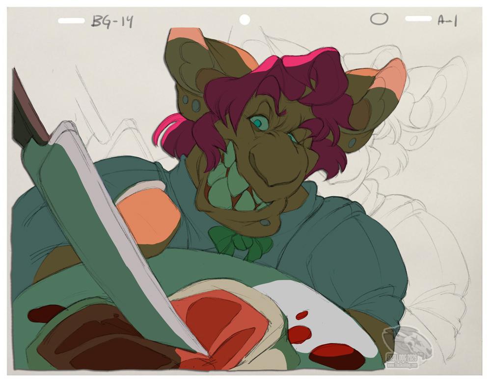 A fake animation cel featuring a humanoid gremlin with pink hair, large ears and a big toothy grin hands a plate with a raw steak stabbed with a knife toward the viewer.