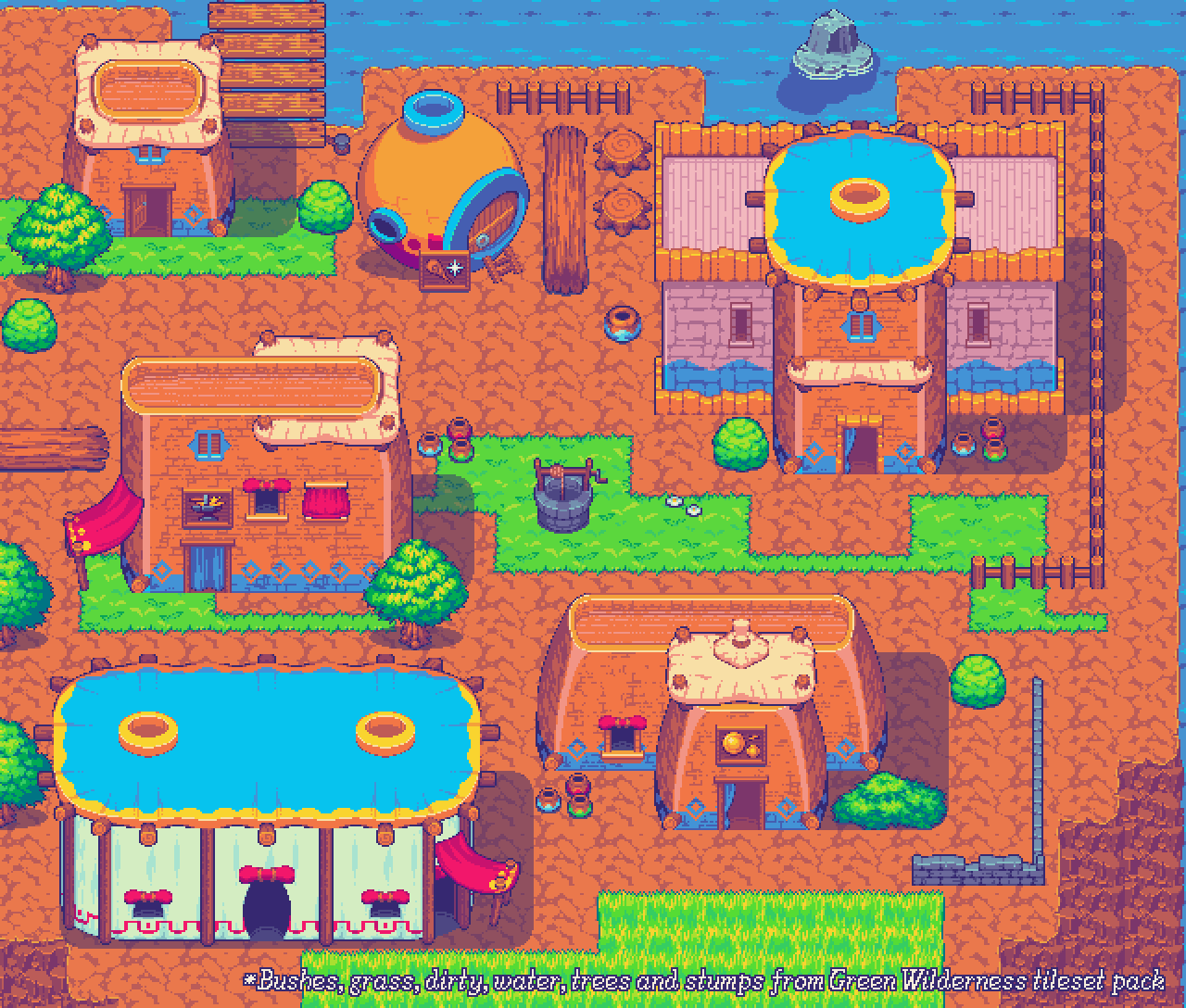 Screenshot showing a colourful village build by using both the Green Wilderness and the Nearby Village tilesets.