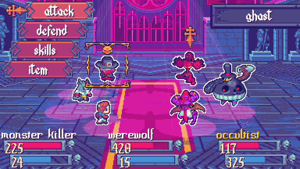 Mockup screenshot showing the Tiny RPG - Battle Kit II in action. On the colourful mockup one can see a blue coated brown haired monster killer, a dark skinned vampire princess and a long haired
occultist facing off against a red skinned ghast, a purple skinned buff vampire and a dapper skeleton lord. The skeleton lord wears a top hat and uses a shovel as a cane. The purple skinned vampire
is flexing its biceps, showing off their guns. The fight takes place on an abandoned castle, with the red moonlight coming through the broken stained glass