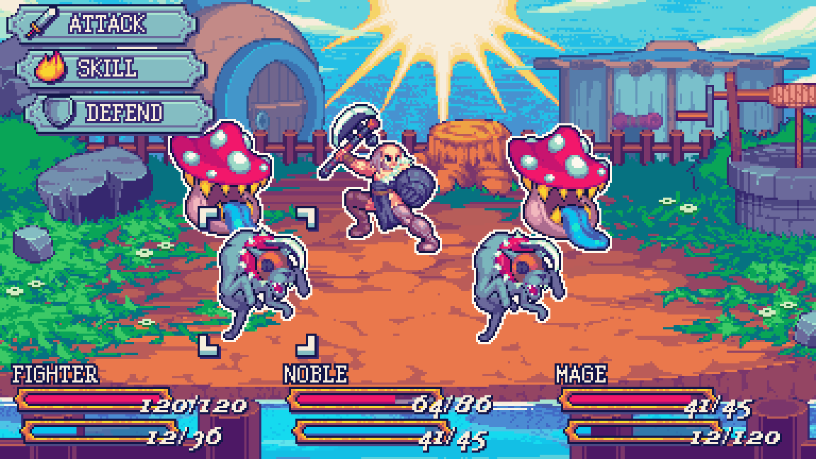 Mockup for the FV Battlers I asset pack. One can see a Brigand, 2 Myconids and 2 Warhounds on a front view battle scheme. The GUI notates that the Fighter, the Noble and the Mage are involved in this
combat. The background matches the Nearby Village, where a whell can be seen on the right, a river crosses just in front of the spectator and two buildings can be seen on the background: a white tent
and a round, yellow brick house. The sun is bright and the sky is clear;