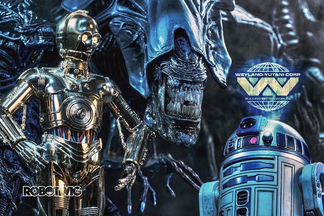 C3PO and R2D2 deliver a message from Weyland Yutani to the Alien Queen. C3PO translates the message to her