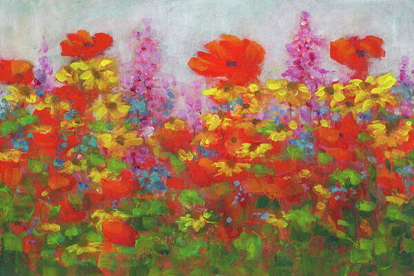 Colorful flower garden is an acrylic painting in landscape format hand-painted by the artist Karen Kaspar. A colorful variety of flowers bloom in a flower bed in vibrant colors featuring rich shades of reds, yellows and purples. Flowers such as red poppies, yellow rudbeckias, pink lupins, blue bellflowers and many more grow side by side in colourful harmony and complement each other with their vibrant colours. The lush greenery and varied blossoms create a lively and cheerful scene