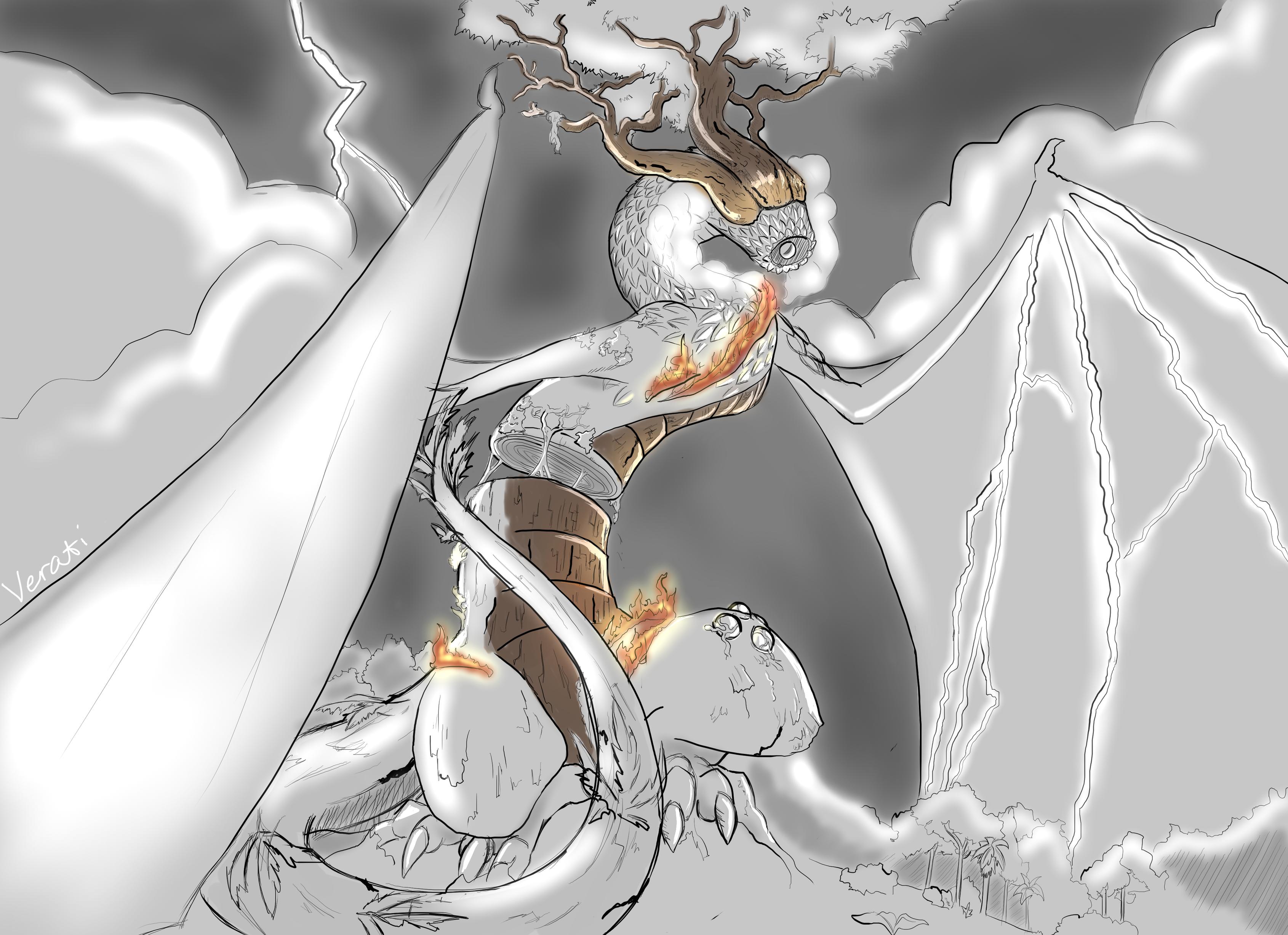 A lightning-struck tree spirit towering over a rainforest. Its wings are filled with lightning, and it blows the storm in with them.

Bisected and on fire, this spirit knows no rest and won't let anyone else know it, either.