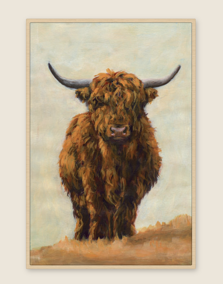 A shaggy, reddish-brown Highland cow with long horns stands in a pasture. Its expressive eyes look directly at the viewer. The warm, earthy tones of its coat and the pasture, along with its striking horns, stand out against a light, neutral background.
"Scottish Highland Cow in the Pasture" is a portrait-format acrylic painting by artist Karen Kaspar.