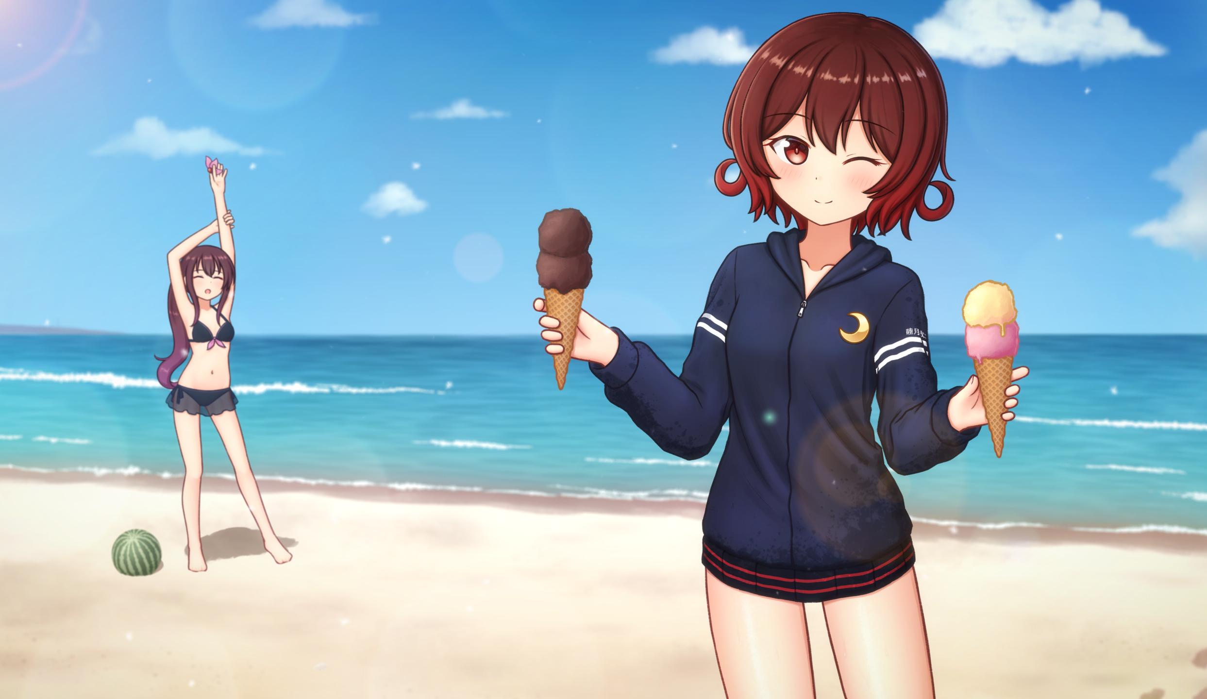 Drawing of two anime girls, Mutsuki and Kisaragi at the beach. Mutsuki, wearing a blue jacket stands in front of the viewer holding an ice cream on each hand, she winks at you. Kisaragi, wearing a dark blue swimsuit stretches in the background. The sun shines bright on the clean ocean and both girls.