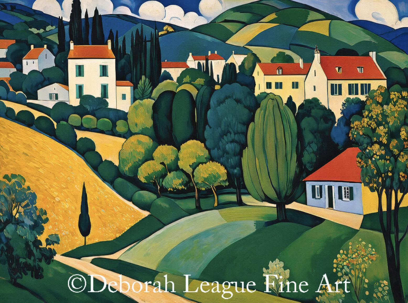 Escape to the timeless beauty of the Italian countryside with this vibrant landscape featuring a peaceful Tuscan village nestled among rolling green hills, golden fields, and graceful cypress trees. Bold geometric shapes, simplified forms, and rich Mediterranean colors create a modern interpretation of one of Europe's most beloved landscapes. The winding road and sunlit homes invite viewers into a tranquil rural setting that celebrates both nature and traditional village life.

Perfect for living rooms, dining rooms, kitchens, offices, vacation homes, and spaces inspired by European travel or rustic elegance, this artwork brings warmth, serenity, and sophisticated color to a wide variety of interiors.

Style: Contemporary Landscape, Modern Decorative, Stylized Impressionism

Theme: Tuscany, Italian countryside, village life, rolling hills, cypress trees, rural landscape, European travel

Color Palette: Emerald green, deep teal, golden yellow, warm cream, terracotta red, olive green, soft blue