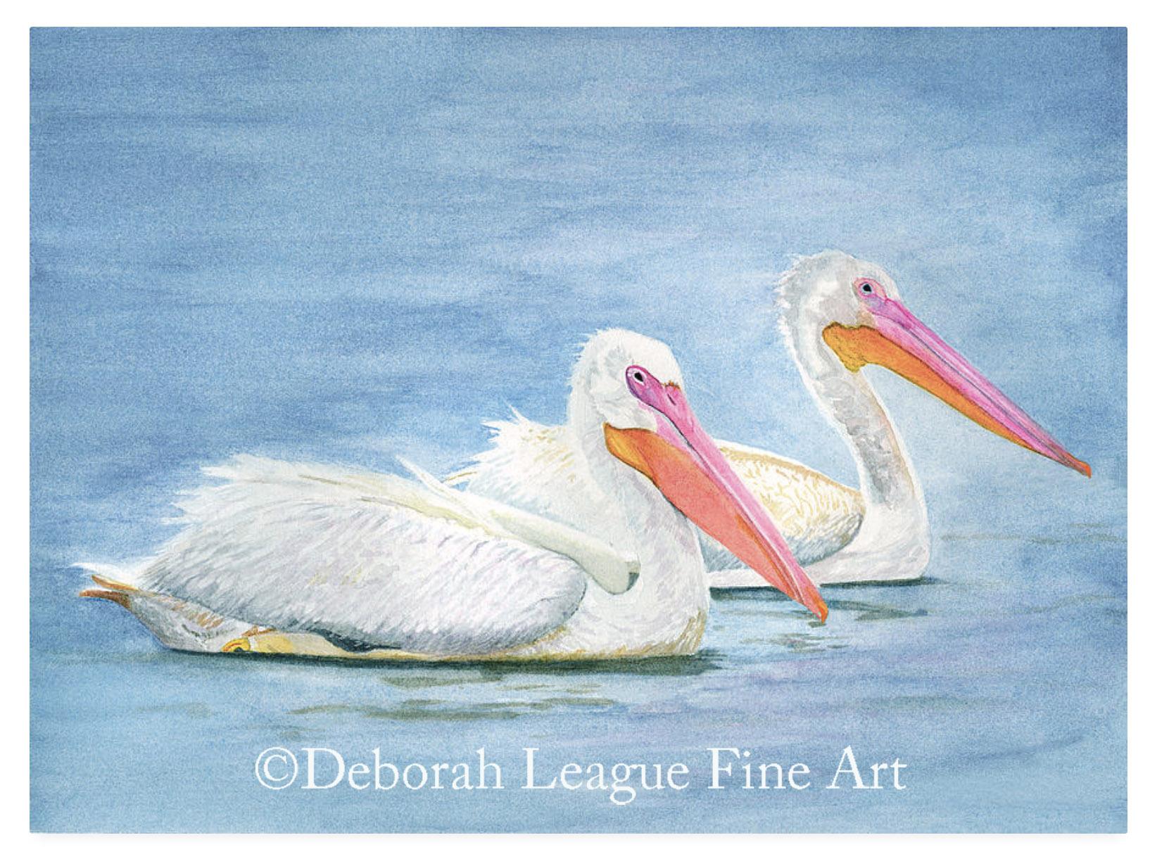 Two American White Pelicans drift peacefully across calm blue water in this detailed watercolor painting celebrating one of North America's most striking waterbirds. Their brilliant white plumage contrasts beautifully with their vivid pink bills and soft golden breeding markings, creating an elegant wildlife portrait that conveys serenity, companionship, and the quiet beauty of nature.

Perfect for bird lovers, birdwatchers, coastal decor, lake homes, nature-inspired interiors, and anyone who appreciates wildlife art, this watercolor captures the graceful presence and gentle character of these magnificent pelicans. The minimalist composition and expansive blue water create a calming atmosphere that complements both traditional and contemporary spaces.

Style: Realistic watercolor wildlife painting with soft impressionistic background.

Theme: Wildlife, bird art, wetland nature, companionship, tranquility, North American birds.

Color Palette: Soft sky blue, white, warm gold, coral pink, peach, and subtle gray.