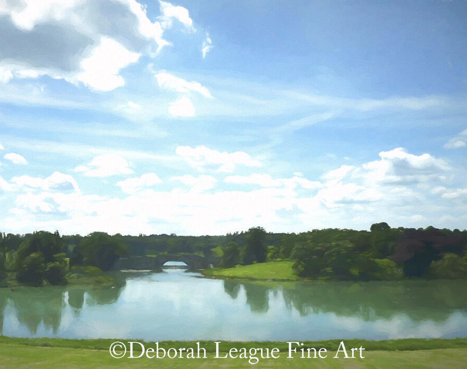 The Grand Bridge at Blenheim Park stretches gracefully across the tranquil waters of the Great Lake, framed by rolling green lawns, mature trees, and an expansive sky filled with dramatic clouds. Inspired by the celebrated English landscape designed by Capability Brown, this contemporary impressionistic landscape painting captures the timeless beauty and quiet elegance of one of England's most iconic parklands in Oxfordshire.

Style: Contemporary Impressionism with painterly realism.

Theme: Historic English landscape, peaceful countryside, architecture in nature, and scenic travel.

Color Palette: Soft cerulean and azure blues, fresh spring greens, deep forest greens, warm earth tones, and luminous white clouds.

Created to evoke a sense of calm and open space, this landscape celebrates the harmony between nature, history, and classical design. Ideal for collectors who appreciate English countryside scenes, historic estates, bridges, gardens, and serene waterscapes, it brings a peaceful atmosphere and timeless charm to home or office decor.

The Grand Bridge at Blenheim Palace is located in Woodstock, Oxfordshire, England (near Oxford), spanning the Queen Pool in the center of the Capability Brown-landscaped park. Designed by Sir John Vanbrugh (c. 17061712), it sits between the main Palace and the Column of Victory. This property is the childhood home of Winston Churchill.