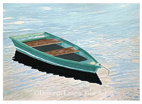 A solitary green rowboat drifts peacefully on shimmering rippled water, surrounded by soft reflections that create a sense of quiet stillness and timeless simplicity. Soft blue water surrounds the boat, while gentle light dances across the surface, emphasizing the tranquil beauty of this minimalist nautical composition. Perfect for lake homes, coastal cottages, beach houses, or anyone who appreciates serene waterside landscapes, this artwork brings a sense of quiet escape and timeless simplicity to any space.

Style: Contemporary realism with minimalist influences

Theme: Solitude, tranquility, boating, peaceful waters, reflection, coastal and lakeside living

Color Palette: Aqua green, turquoise, soft sky blue, white, charcoal black, warm natural wood