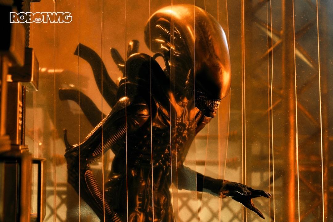 A Xenomorph walks slowly through a large plastic curtain peering in