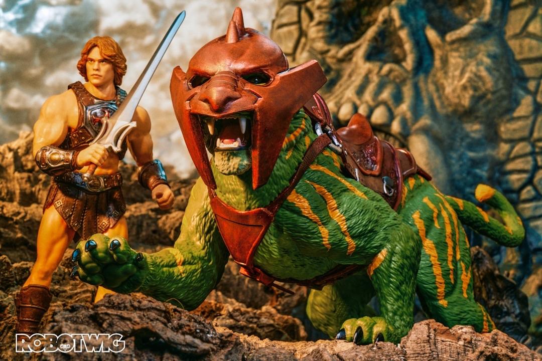 He man and Battle Cat prepare for battle outside Castle Greyskull