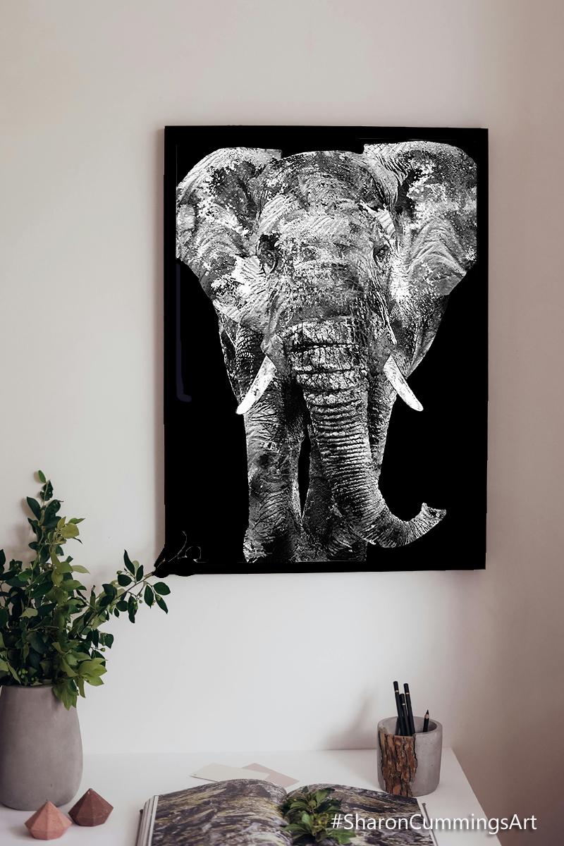 Black and white elephant art in decor setting by artist Sharon Cummings.
