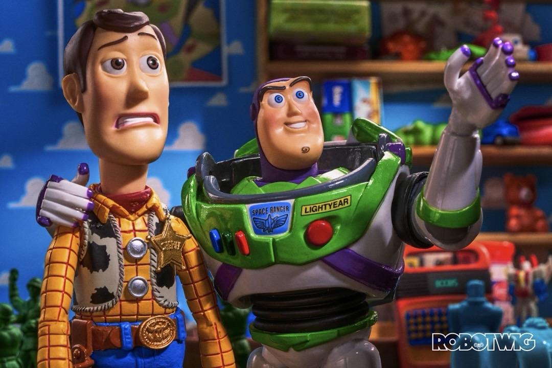 Buzz gives some positive encouragement to Woody in Andy's room.