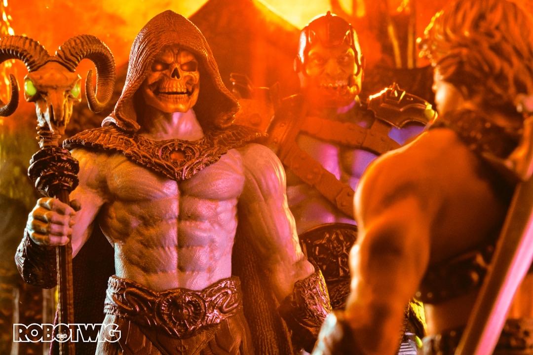 Skeletor confronts He-Man Trap Door stands behind him