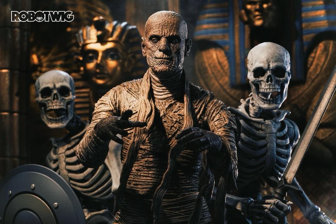 Imhotep wakes up in a room full of artifacts, walks towards you with a skeleton army wielding weapons walking behind him