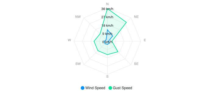 A vector plot shows a green area for wind gust stretching mostly to the NNE