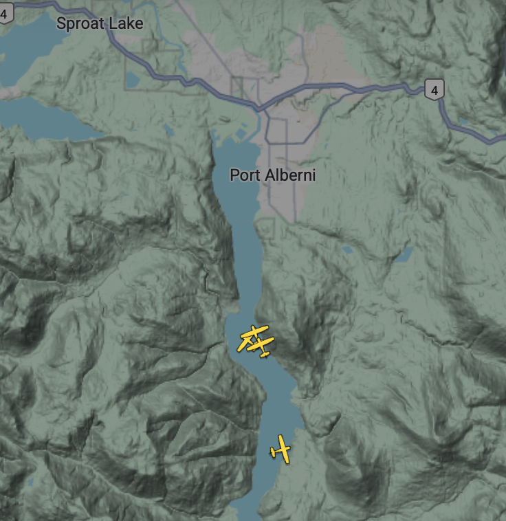 Screenshot from FlightTracker shows 4 small planes over the Alberni Inlet.
