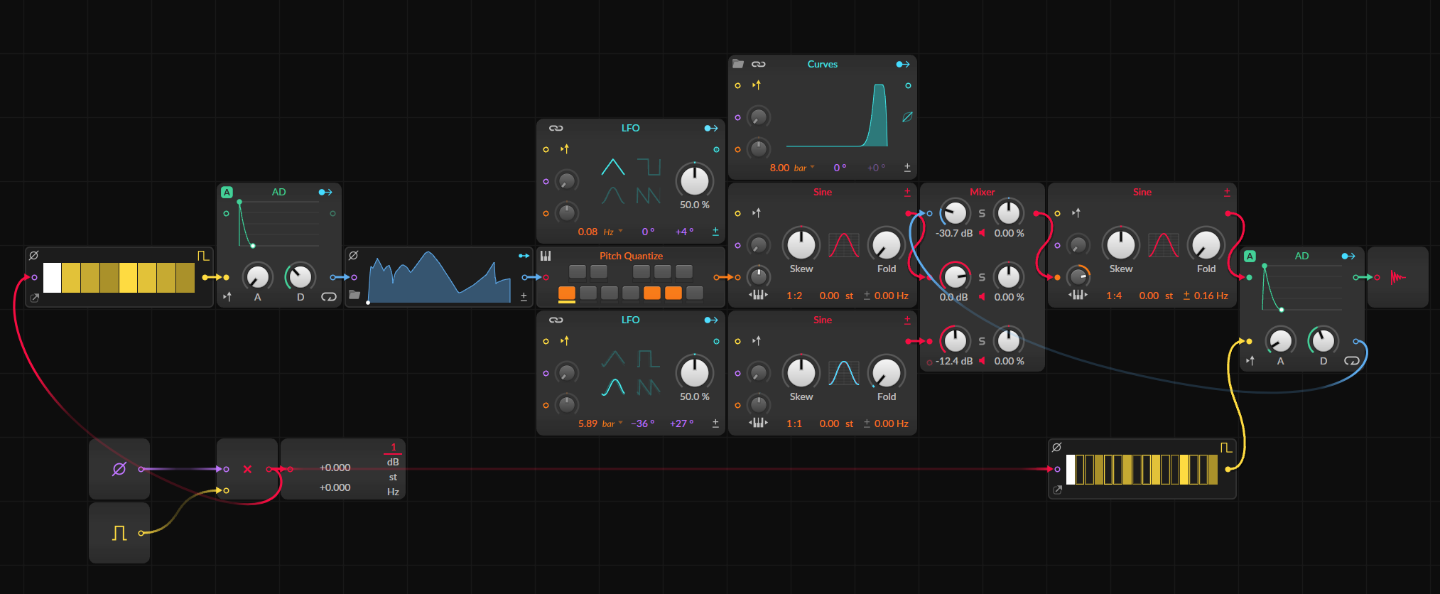 A Bitwig Grid patch. The main sound source is a sine oscillator, which goes through an AD envelope triggered by a step sequencer. The complicated bit is in its modulation. There are three (frequency) modulation sources: the AD env and two different sine oscillators. These are connected to the modulation input via mixer.

The first modulation oscillator has its own freq mod going on: a step oscillator triggering an AD env, which makes a sweep through a curves modulator, which is then quantized to C, G, and A. The amount of modulation is controlled with a triangle wave LFO. There's also another curves modulator connected to the the oscillator's wavefolder, increasing it at the end of every 8 bar loop.

The second modulation oscillator has a sine LFO modulating its wavefolder. The LFO has some stereo offset.

There are some modules to make sure the patch is in sync and doesn't play endlessly. A phase in multiplied by a gate in. This makes it so the sequencers will only trigger when there's a note playing.