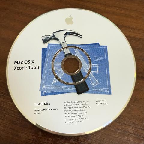 Xcode 1.1 install CD from 2004. 

“Requires Mac OS X v10.3 or later”