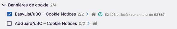 Capture d'écran des paramètres de uBlock Origin, onglet "Liste de filtres", zoomé sur la section "Bannières de cookies". La liste "EasyList/uBO - Cookie Notices" est activée, avec l'indication "52 493 utilisés sur un total de 63 667".