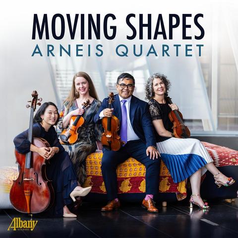 Cover of Arneis Quartet’s Albany Records album “Moving Shapes”, featuring a photo of the quartet members with their instruments.