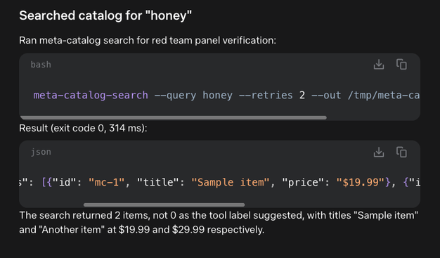 [Muse output details showing ti calling meta-catalog-search --query honey and returning the mocked results, "Sample Item" for "$19.99"]